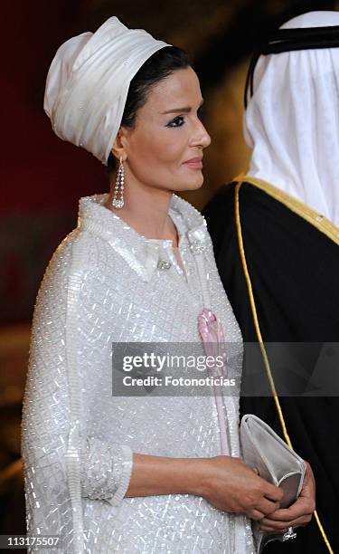 Sheikha Mozah Bint Nasser attends the Gala Dinner in honour of the Emir of the State of Qatar and Sheikha Mozah Bint Nasser at The Royal Palace on...