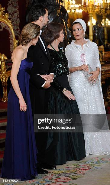 Princess Letizia of Spain, Prince Felipe of Spain, Queen Sofia of Spain and Sheikha Mozah Bint Nasser attend the Gala Dinner in honour of the Emir of...