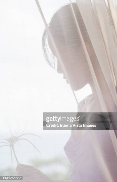 young asian woman behind curtain - vista posterior stockfoto's en -beelden