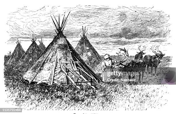 camp of nomadic tribe samoyed nomadic peoples of northern siberia, who traditionally live as reindeer herders - sleigh dog snow stock illustrations