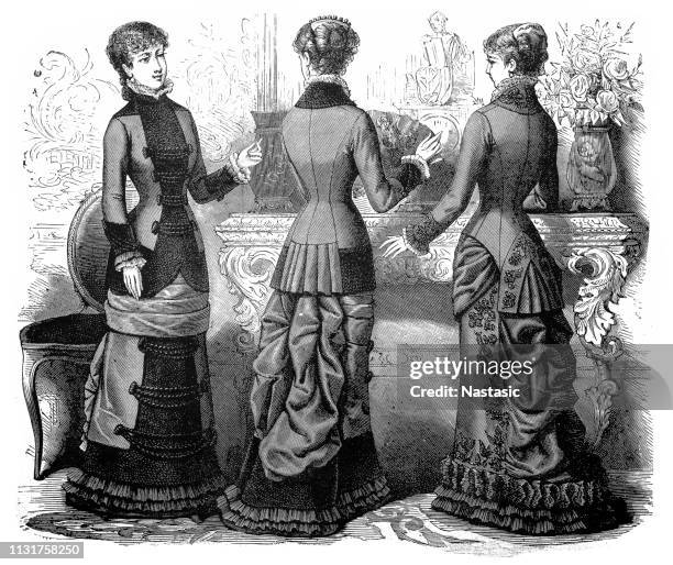 ladies fashion of the 1850's and 1860's; 19th century women's clothing - bonnet stock illustrations