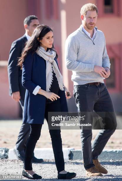 Prince Harry, Duke of Sussex and Meghan, Duchess of Sussex arrive at a boarding house for girls ages 12 to 18 by the Moroccan NGO 'Education For All'...