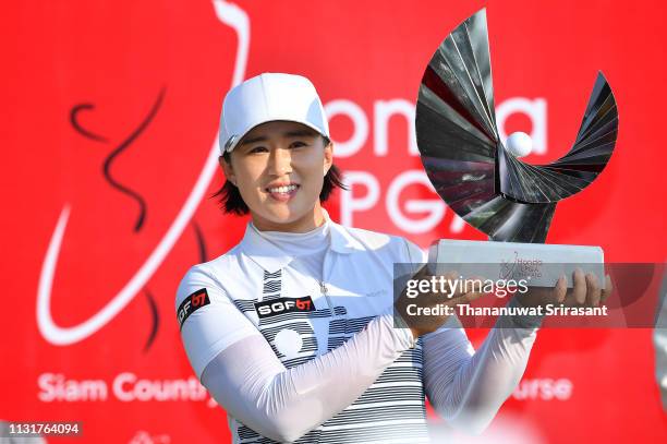 Amy Yang of Republic of Korea poses with the trophy after winning the Honda LPGA Thailand at the Siam Country Club Pattaya on February 24, 2019 in...