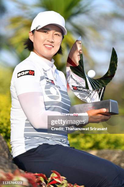 Amy Yang of Republic of Korea poses with the trophy after winning the Honda LPGA Thailand at the Siam Country Club Pattaya on February 24, 2019 in...