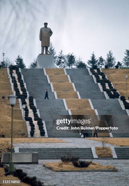 Steps leading up a hill to a statue of North Korean Communist leader Kim Il-sung, North Korea, February 1973.