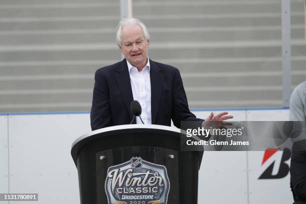 Executive Director Don Fehr addresses members of the media as the Dallas Stars and the NHL host a press conference for the upcoming Bridgestone...