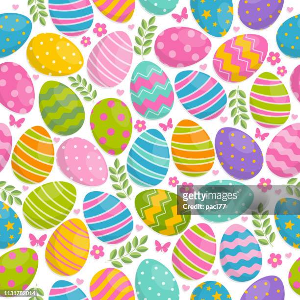 seamless pattern of easter eggs, flowers and butterfly on white background - easter egg stock illustrations