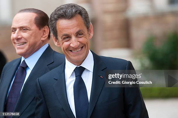 Italian Prime Minister Silvio Berlusconi and French President Nicolas Sarkozy arrive at Villa Madama for the Italy-France Summit on April 26, 2011 in...