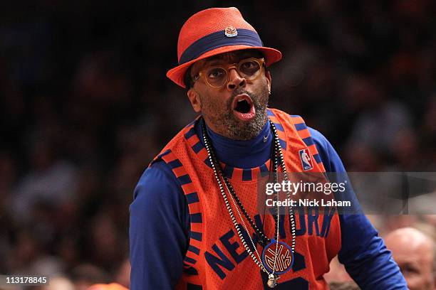 Director Spike Lee reacts as the New York Knicks play against the Boston Celtics in Game Three of the Eastern Conference Quarterfinals in the 2011...