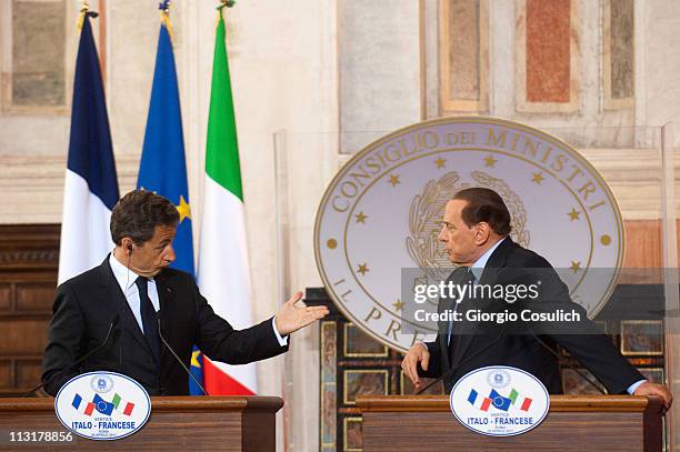 Italian Prime Minister Silvio Berlusconi and French President Nicolas Sarkozy attend the Italy-France Summit at Villa Madama on April 26, 2011 in...