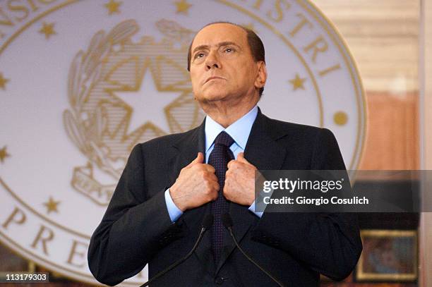 Italian Prime Minister Silvio Berlusconi attends the Italy-France Summit with French President Nicolas Sarkozy at Villa Madama on April 26, 2011 in...