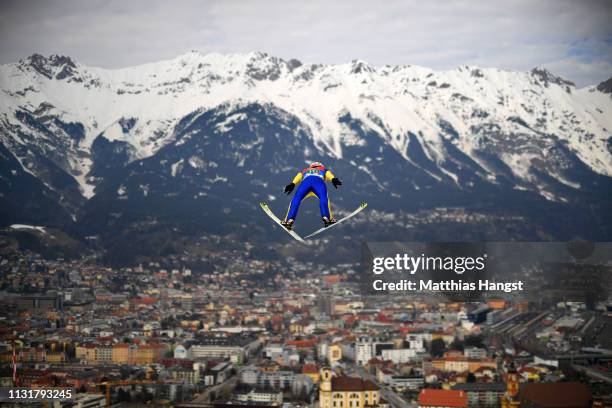 Richard Freitag of Germany jumps in the Men's Team Ski Jumping HS130 competition at Bergisel Schanze during the FIS Nordic World Ski Championships on...