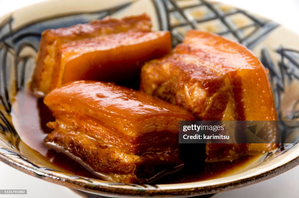 Japanese food,Okinawa cuisine Rafuthy. Okinawan-style stewed pork cubes, pork belly, stewed in awamori, soy, dashi broth, and sugar.