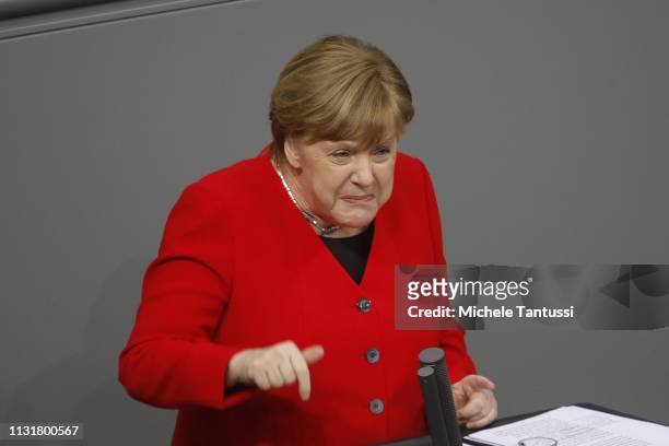 German Chancellor Angela Merkel gives a government declaration at the Bundestag before traveling to Brussels for a summit of European Union leaders...