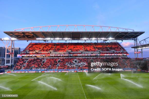 Top view at BMO field during 2019 MLS Regular Season match between Toronto FC and New England Revolution at BMO Field in Toronto. .