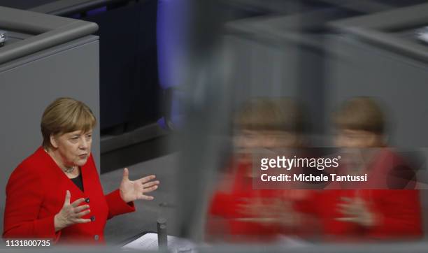 German Chancellor Angela Merkel gives a government declaration at the Bundestag before traveling to Brussels for a summit of European Union leaders...