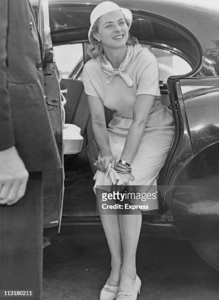 Swedish actress Ingrid Bergman arrives in London, England on her way to visit her daughter Pia Lindstrom on July 05, 1957.