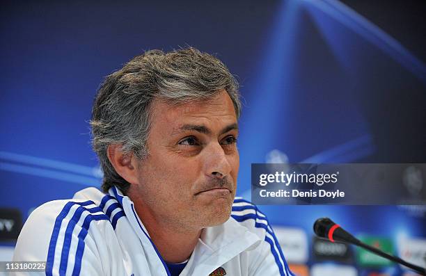 Head coach of Real Madrid, Jose Mourinho answers a question during a press conference at Valdebebas training ground ahead of their UEFA Champions...