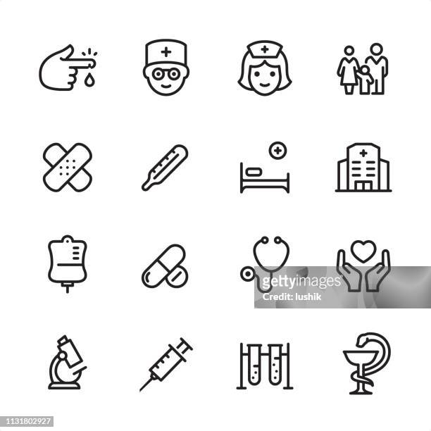 ilustraciones, imágenes clip art, dibujos animados e iconos de stock de clínica médica-conjunto de iconos de esquema - técnico en urgencias médicas