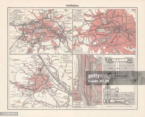 historical light-rail plans: berlin, vienna, london, new york, lithograph, 1897 - london map stock illustrations