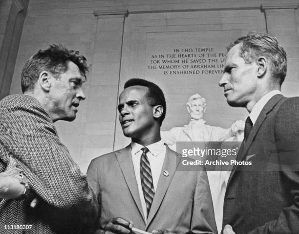 Actors Burt Lancaster, Harry Belafonte and Charlton Heston at the Lincoln Memorial during the March on Washington for Jobs and Freedom on August 28,...