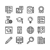 Elearning icons set. Online learning, distance education concepts. Pixel perfect. Linear, outline symbols. Thin line design. Vector line icons set