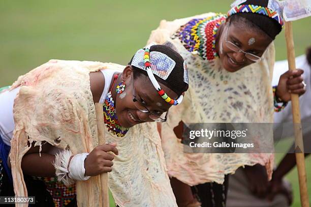 President Jacob Zuma's daughters Duduzile Zuma and her sister Phumzile during their joint uMemulo ceremony at the Zuma homestead in Nkandla on April...