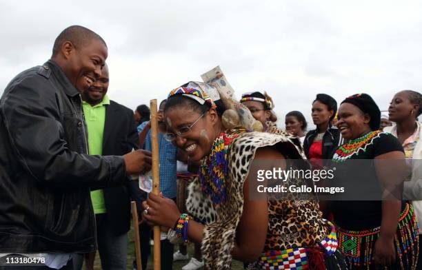 Lonwabo Sambudla attends the uMemulo ceremony of his fiance, President Jacob Zuma's daughter, Duduzile C) at the Zuma homestead in Nkandla on April...