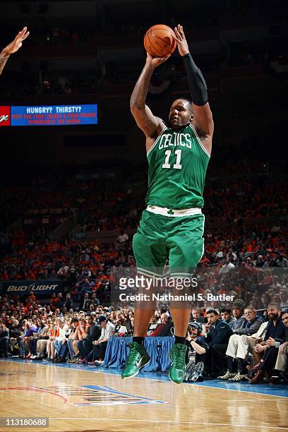 Glen Davis of the Boston Celtics takes a jump shot against the New York Knicks during a playoff game April 24, 2011 at Madison Square Garden in New...