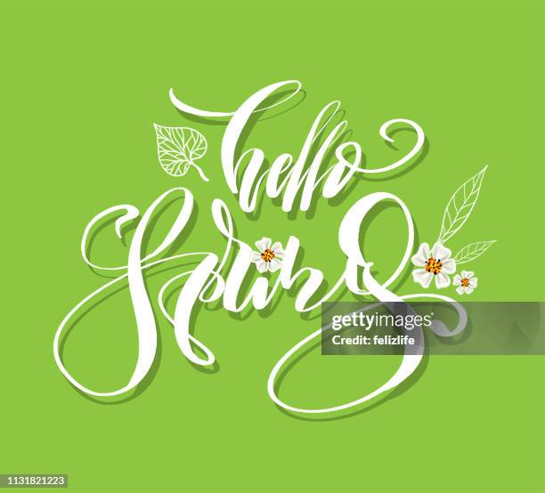 ilustraciones, imágenes clip art, dibujos animados e iconos de stock de letras "hello spring" con flores para el diseño - hello