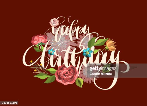 stockillustraties, clipart, cartoons en iconen met belettering "happy birthday" met mooie bloemen voor het ontwerp van flyers, banner, web, cover - happy birthday vintage