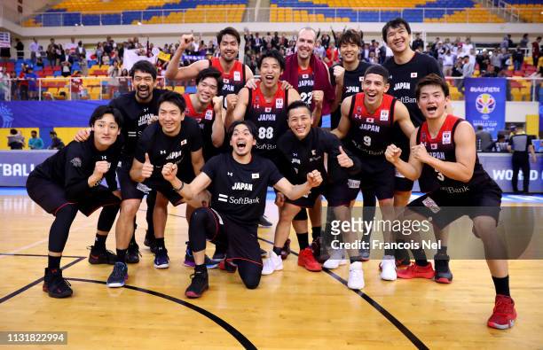 Players of Japan celebrates victory after winnining the FIBA Basketball World Cup 2019 Asian Qualifier between Qatar and Japan at Al Gharrafa Sport...
