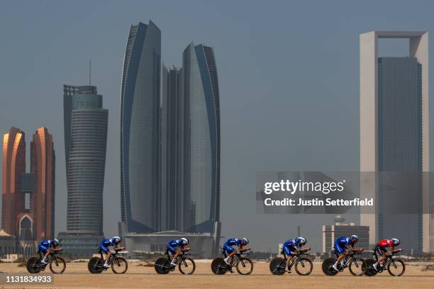 Elia Viviani of Italy and Team Deceuninck-QuickStep / Dries Devenyns of Belgium and Team Deceuninck-QuickStep / Remco Evenepoel of Belgium and Team...