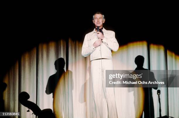 Johnny Carson host of the Tonight Show, performs at the Sahara Hotel circa 1973 in Las Vegas, Nevada.