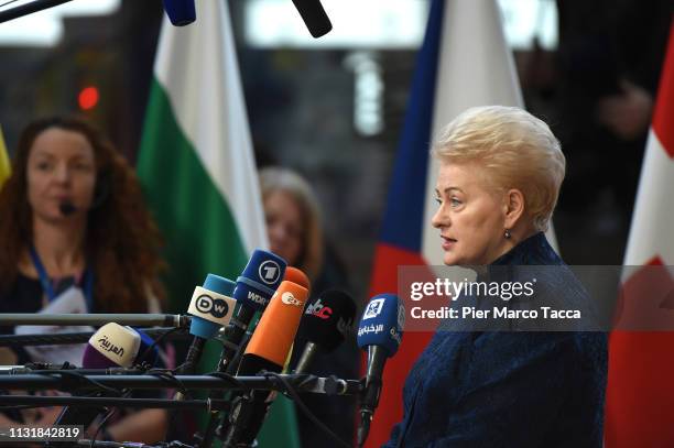 President of Lithuania Dalia Grybauskaite speaks to the media as she arrives at the summit of European Union leaders on March 21, 2019 in Brussels,...