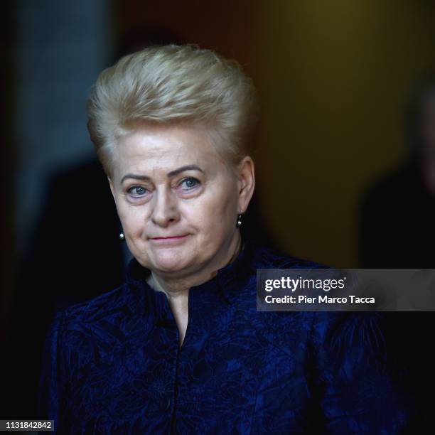 President of the Lithuania Republic Dalia Grybauskaite speaks to the media as she arrives at of the summit of European Union leaders on March 21,...