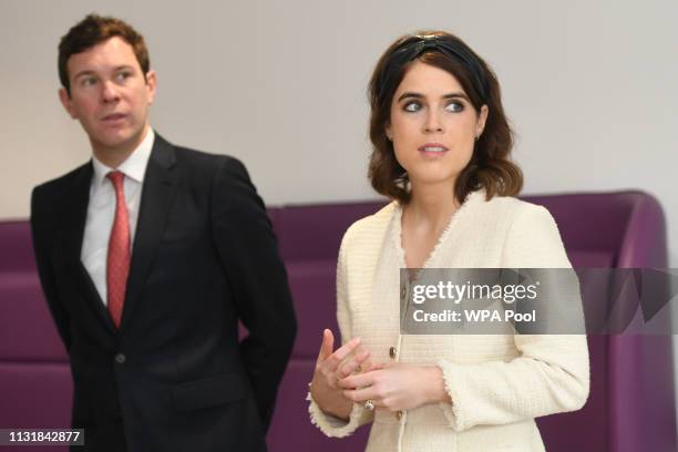 Princess Eugenie of York and Jack Brooksbank during a visit to the Royal National Orthopaedic Hospital to open the new Stanmore Building on March 21,...