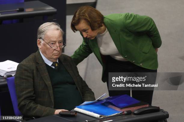 AfD Right Party leader Alexander Gauland chats with Beatrix von Storch as he arrives ahead of the chancellor's government declaration at the...