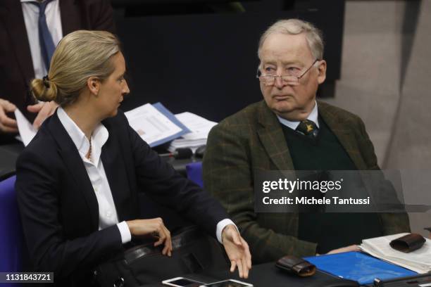 AfD Right Party leader Alexander Gauland and Alice Weidel arrive ahead of chancellor's government declaration at the Bundestag before traveling to...