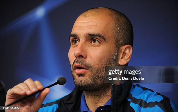 Head coach of Barcelona Josep Guardiola answers a question during a press conference at Real Madrid's Estadio Santiago Bernabeu, ahead of Barcelona's...