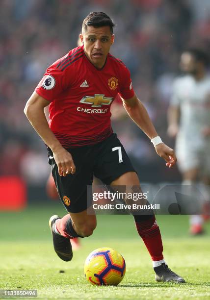 Alexis Sanchez of Manchester United in action during the Premier League match between Manchester United and Liverpool FC at Old Trafford on February...