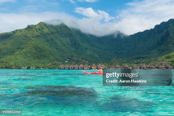kajakken op de heldere aquamarijn wateren in de lagune rond het eiland moorea, frans-polynesië - windward islands stockfoto's en -beelden