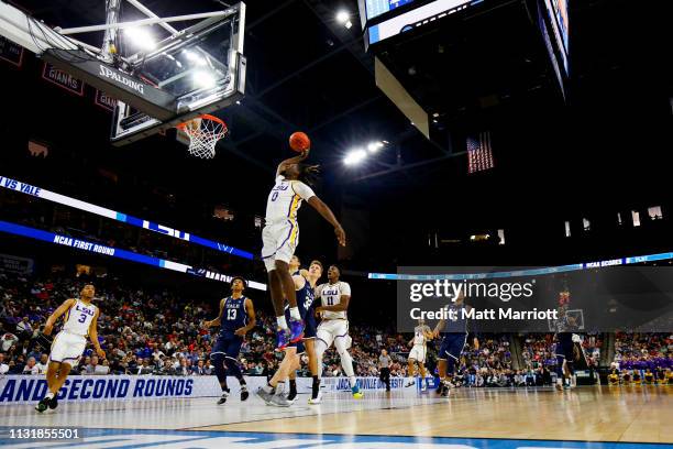 Tigers forward Naz Reid dunks the ball against the Yale Bulldogs in the first round of the 2019 NCAA Photos via Getty Images Men's Basketball...