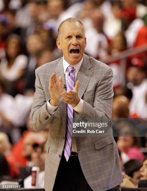 Head coach Doug Collins of the Philadelphia 76ers during Game Three of the Eastern Conference Quarterfinals against the Miami Heat during the 2011...