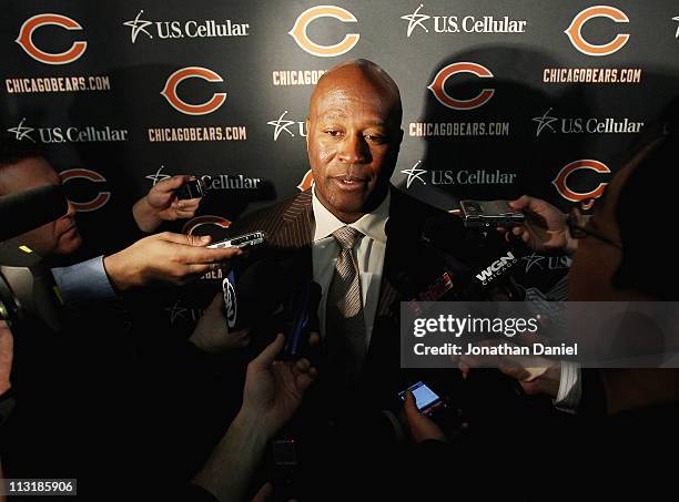 Head coach Lovie Smith of the Chicago Bears speaks to media during the 2010 Brian Piccolo Award ceremony at Halas Hall on April 26, 2011 in Lake...