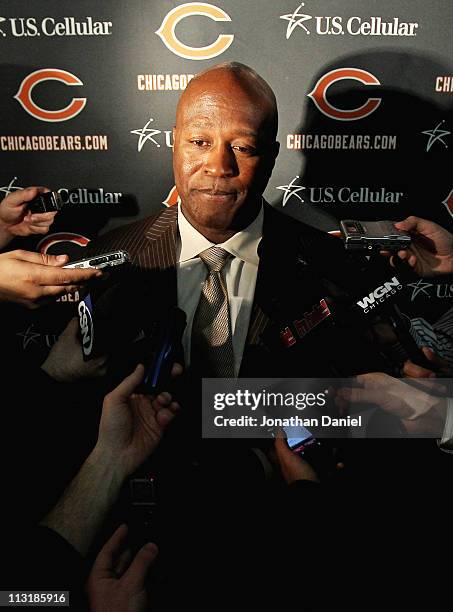 Head coach Lovie Smith of the Chicago Bears speaks to media during the 2010 Brian Piccolo Award ceremony at Halas Hall on April 26, 2011 in Lake...