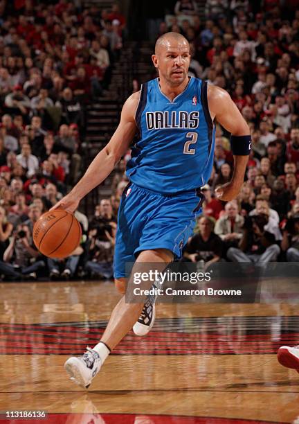 Jason Kidd of the Dallas Mavericks drives to the basket against the Portland Trail Blazers in Game Three of the Western Conference Quarterfinals in...