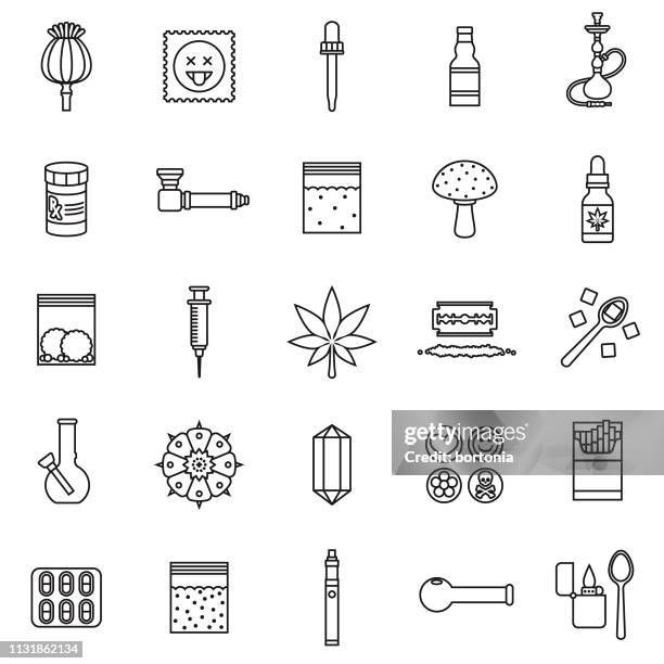 stockillustraties, clipart, cartoons en iconen met drugs dunne lijn icon set - weed