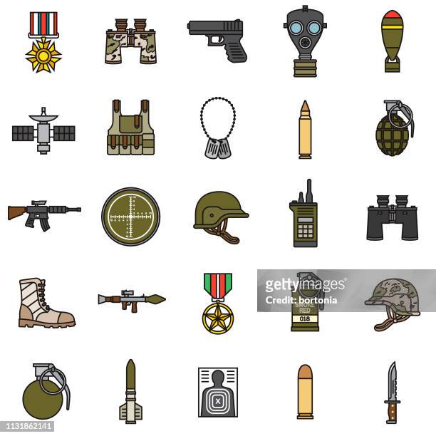 stockillustraties, clipart, cartoons en iconen met militaire dunne lijn icon set - boots rifle helmet