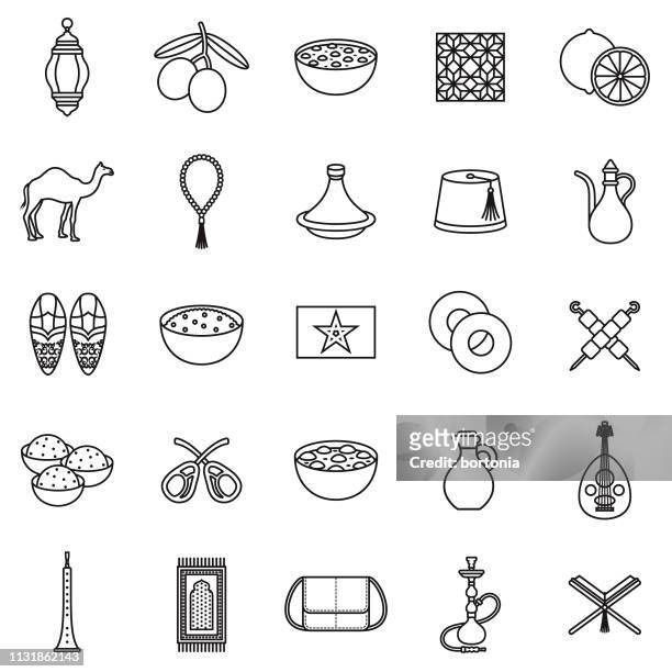 stockillustraties, clipart, cartoons en iconen met marokko dunne lijn icon set - pijp rookwaren